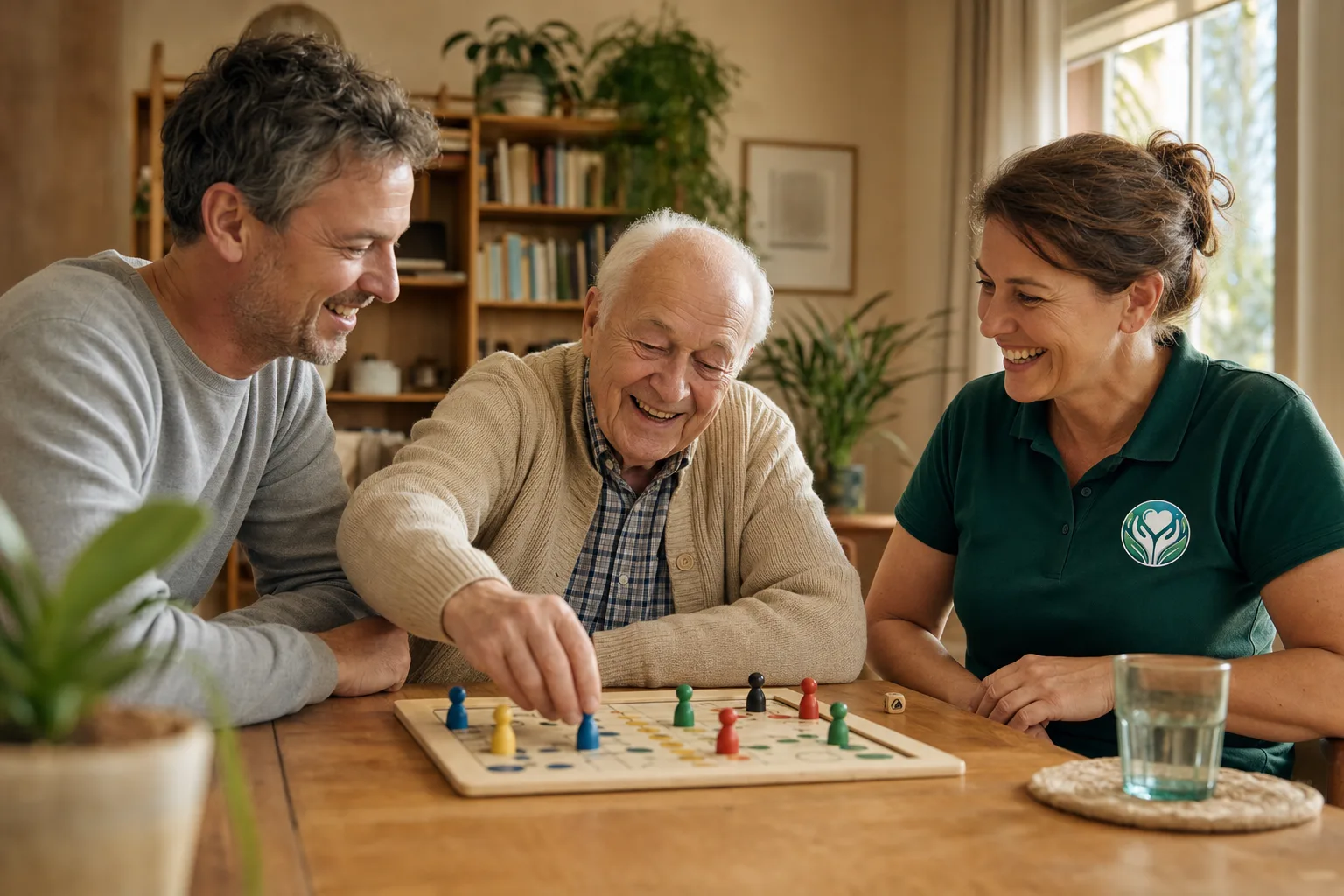 KI-generierte Beispielszene: Alltagshelferin spielt mit einem Senior und einem jüngeren Mann ein Brettspiel im Wohnzimmer