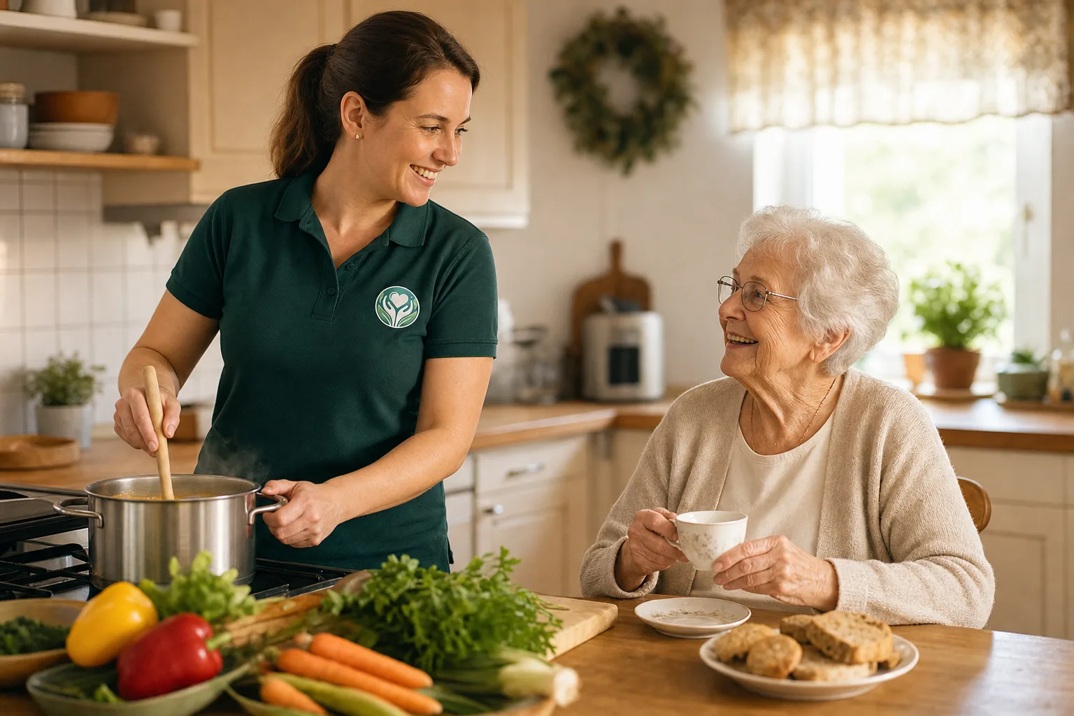 KI-generierte Beispielszene: Alltagshelferin kocht in einer hellen Küche, während eine Seniorin mit Tee am Tisch sitzt