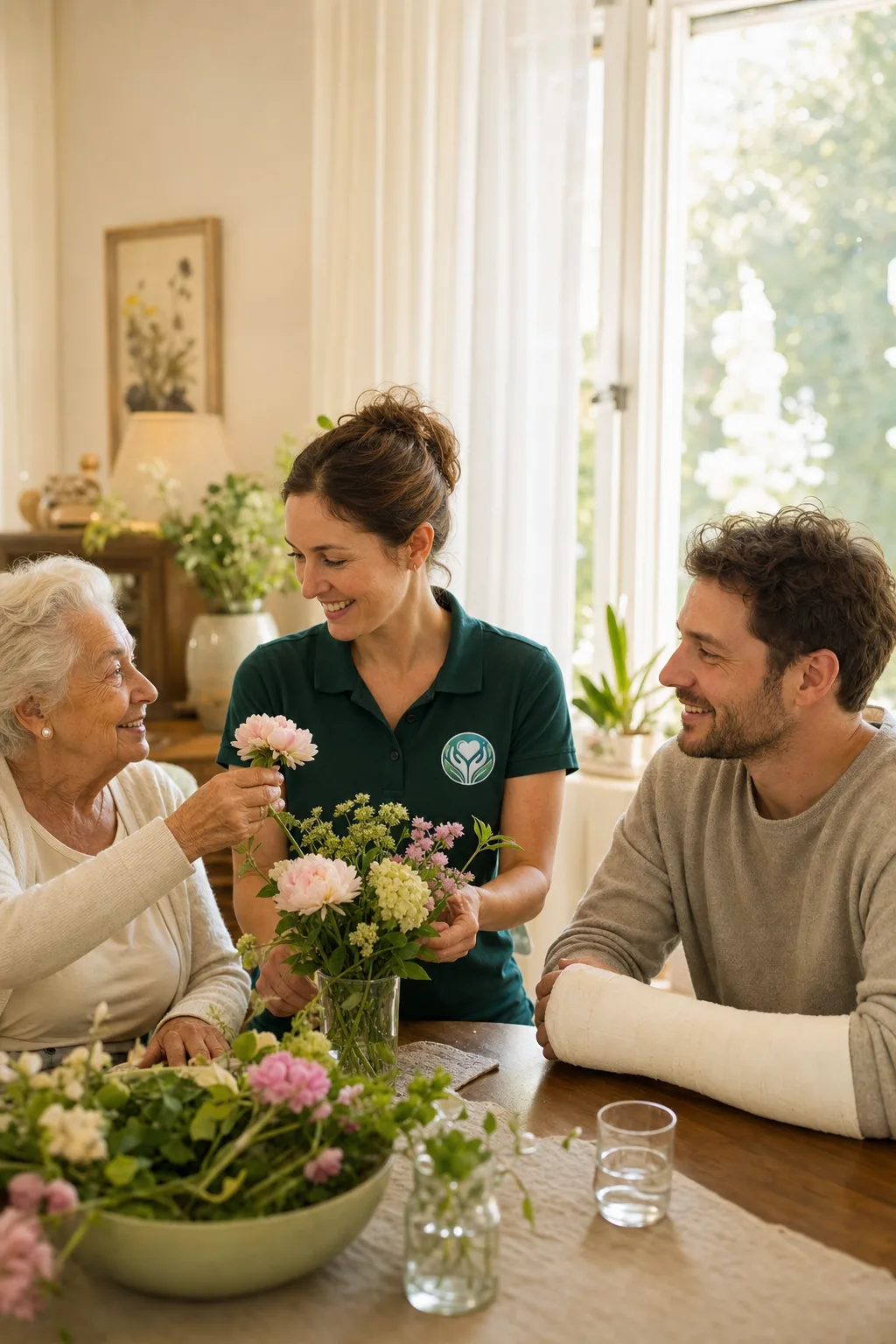 KI-generierte Beispielszene: Alltagshelferin gestaltet mit einer Seniorin einen Blumenstrauß; ein jüngerer Mann mit Armgips ist mit dabei