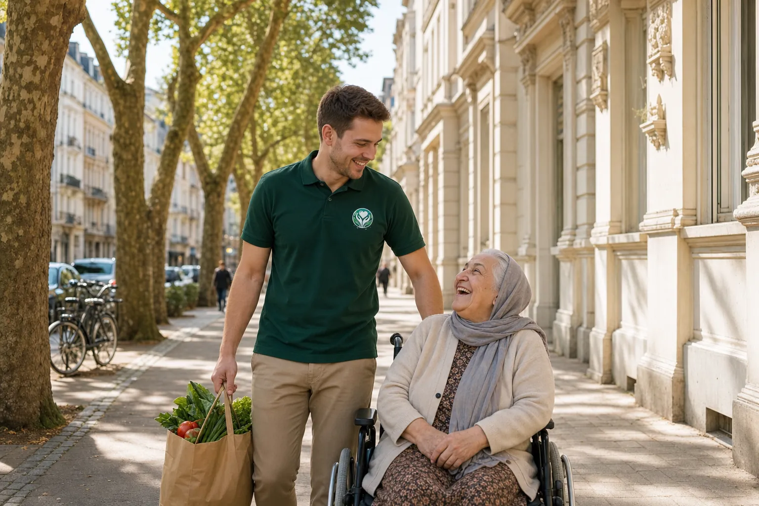 KI-generierte Beispielszene: Ein Alltagshelfer schiebt eine Seniorin im Rollstuhl eine Straße mit Gründerzeitfassaden entlang und trägt dabei eine Einkaufstüte